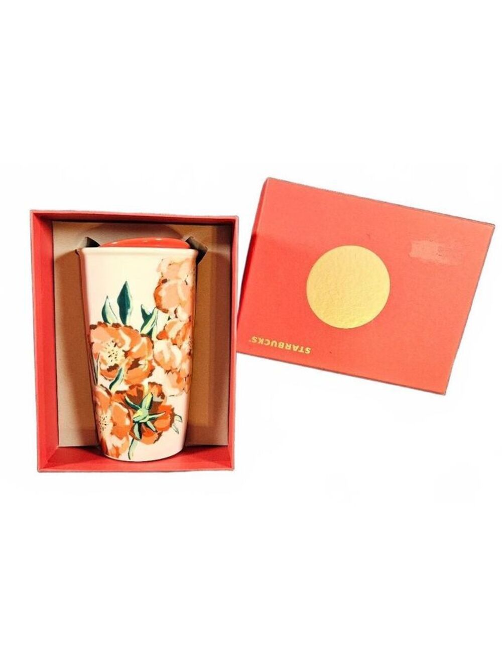 Starbucks Floral Ceramic Travel Mug with Red Lid 10 oz